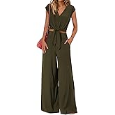 PRETTYGARDEN Women's Summer 2 Piece Outfits 2026 Cap Sleeve V Neck Belted Crop Tops Wide Leg Pant Sets Casual Tracksuit