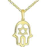 Jewelry America 14K Yellow Gold CZ Hamsa Hand of God with Star of David Pendant with Figaro Chain Necklace