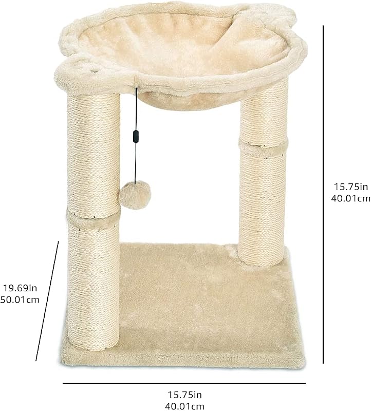 Arbre à chat en forme de tour avec abri, lit hamac et griffoir - 41 x 51 x 41 cm, Beige