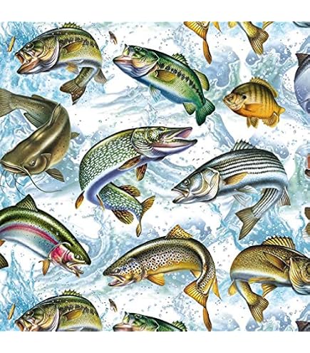 Colorful Fish Fabric by the Yard, Fish Hook Fishing Upholstery Fabric, Western Rustic Farmhouse Decorative Fabric, Cabin Lodge Decor DIY Indoor Outdoor Fabric for Quilting Sewing, 5 Yards, Blue