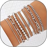 GIGB PBDK Layered Gold Bracelets for Women Men Stackable Beaded Herringbone Bracelets Adjustable Paperclip Cuban Link Chain Bracelets Trendy Jewelry Gifts