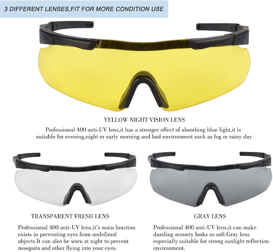 XAegis Tactical Eyewear 3 Interchangeable Lenses Outdoor Unisex Shooting Glasses: Clothing