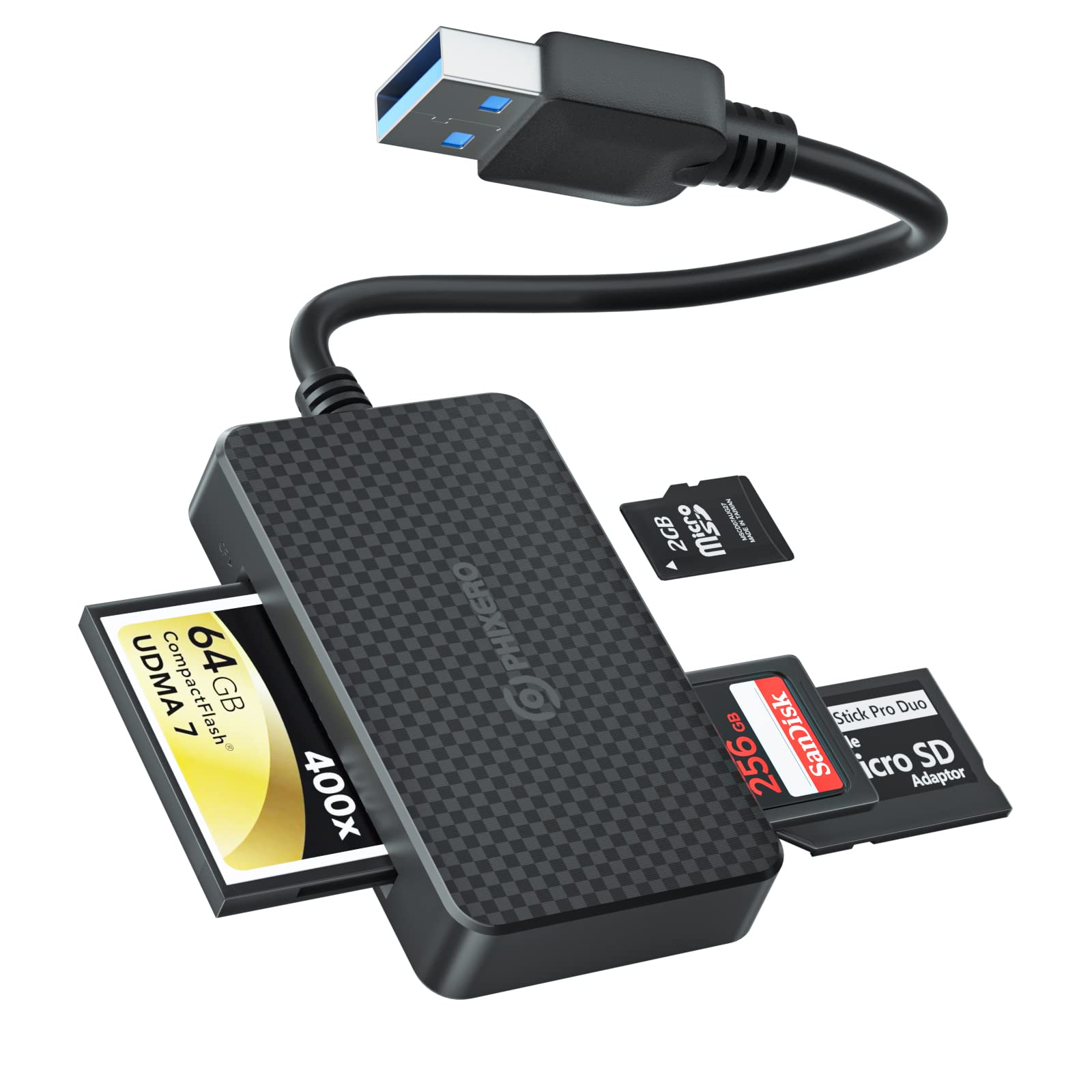 SD Card Reader 4-in-1Simutaneously - PHIXERO Memory Card Reader SD/CF/MS/Micro SD USB Adapter with 5Gbps Super Speed Compatible with Laptop, Computer and More USB A Devices