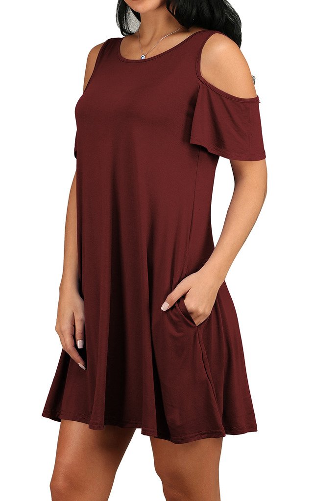 Women\'s Casual Short Sleeve Two Side Pockets Tunic T-Shirt Dress Wine Red S