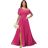 wayfor One Shoulder Bridesmaid Dresses for Women with Pockets Short Sleeve Ruffled Chiffon Formal Evening Gowns