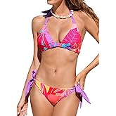 CUPSHE Women's Bikini Set Two Piece Swimsuits V Neck Halter Strap Back Hook Bathing Suit Mid Rise Side Tie Swimwear
