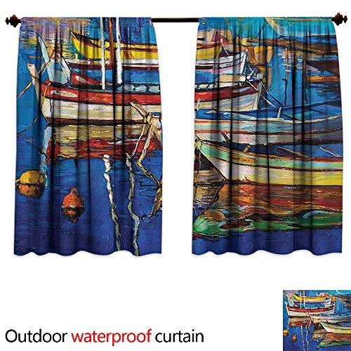 AndyTours Exterior/Outside Curtains,Country Folk Art Style Paint of Boats on Shore at Golden Yellow Sunset Cruising by The Sea,Rod Pocket Energy Efficient Thermal Insulated,W55x72L Inches,Multicolor