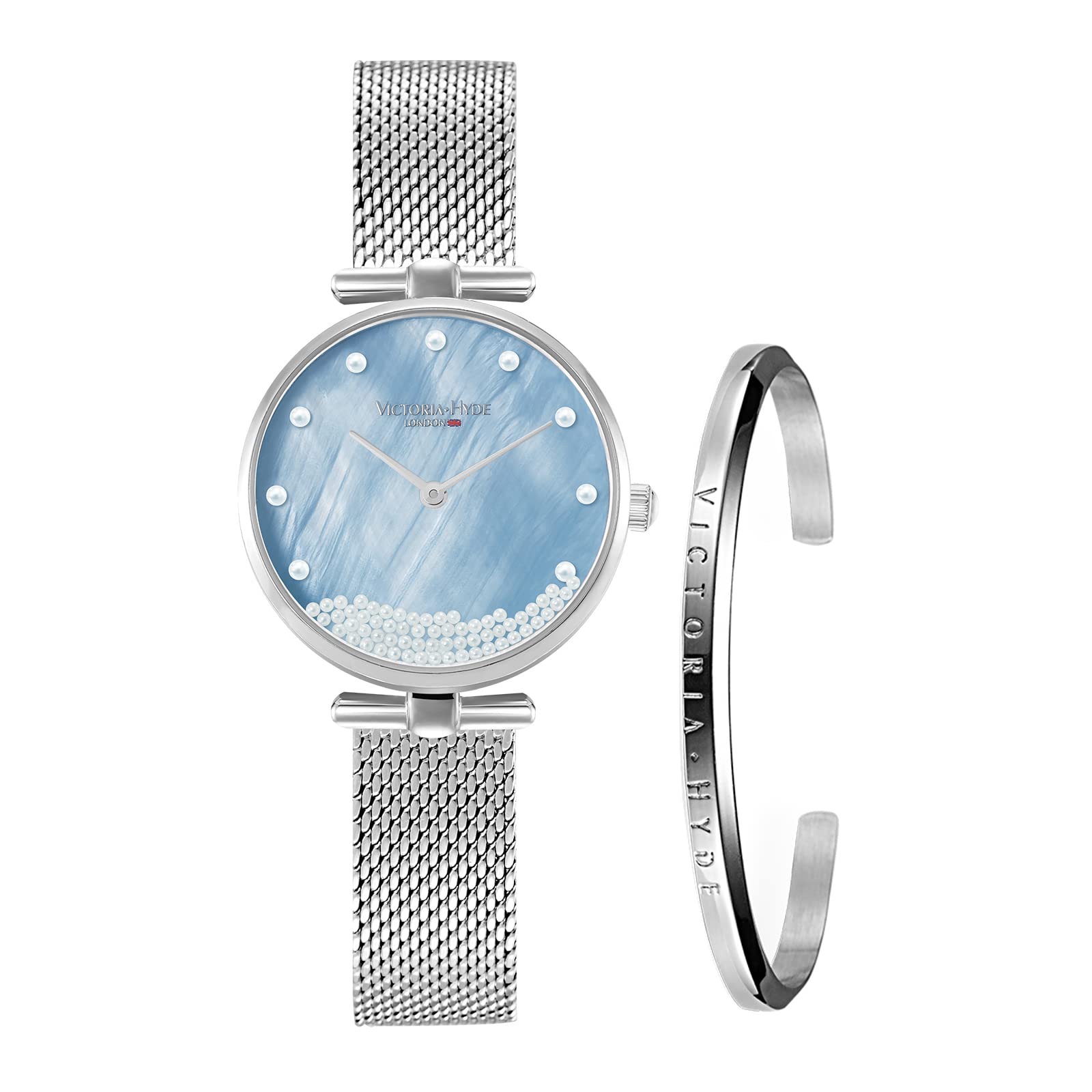 VICTORIA HYDE Women's Analogue Quartz Watch with Mother of Pearl Dial Wrist Watch Bangle Set (Silver)