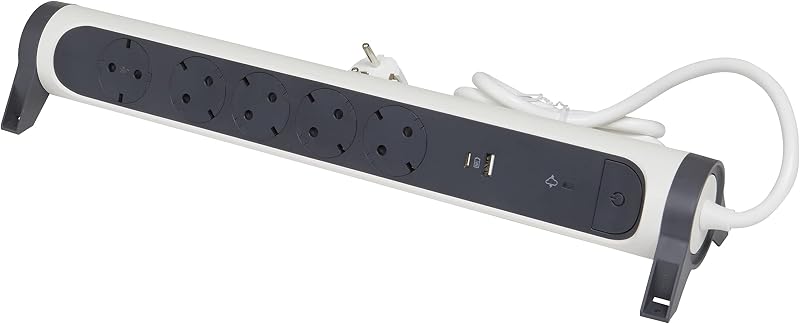 Regleta de enchufes con protección contra sobretensión, USB Tipo A+C, con Interruptor, Base múltiple con 5 Tomas de Corriente, Cable de 1,5 m, Color Blanco/Gris Oscuro 694510 — foto 2 de 4