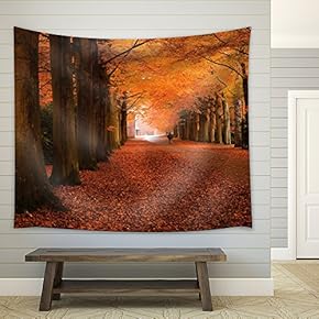 Man Walking on a Road Leading to a Forest During Fall Time - Fabric Tapestry, Home Decor - 51x60 inches