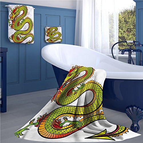 Dragon Extra wide bathroom accessories Japanese Old Fashion Ancient Folk Myth Creature in Vibrant Toned Design luxury hand towels set Lime Green Marigold Red