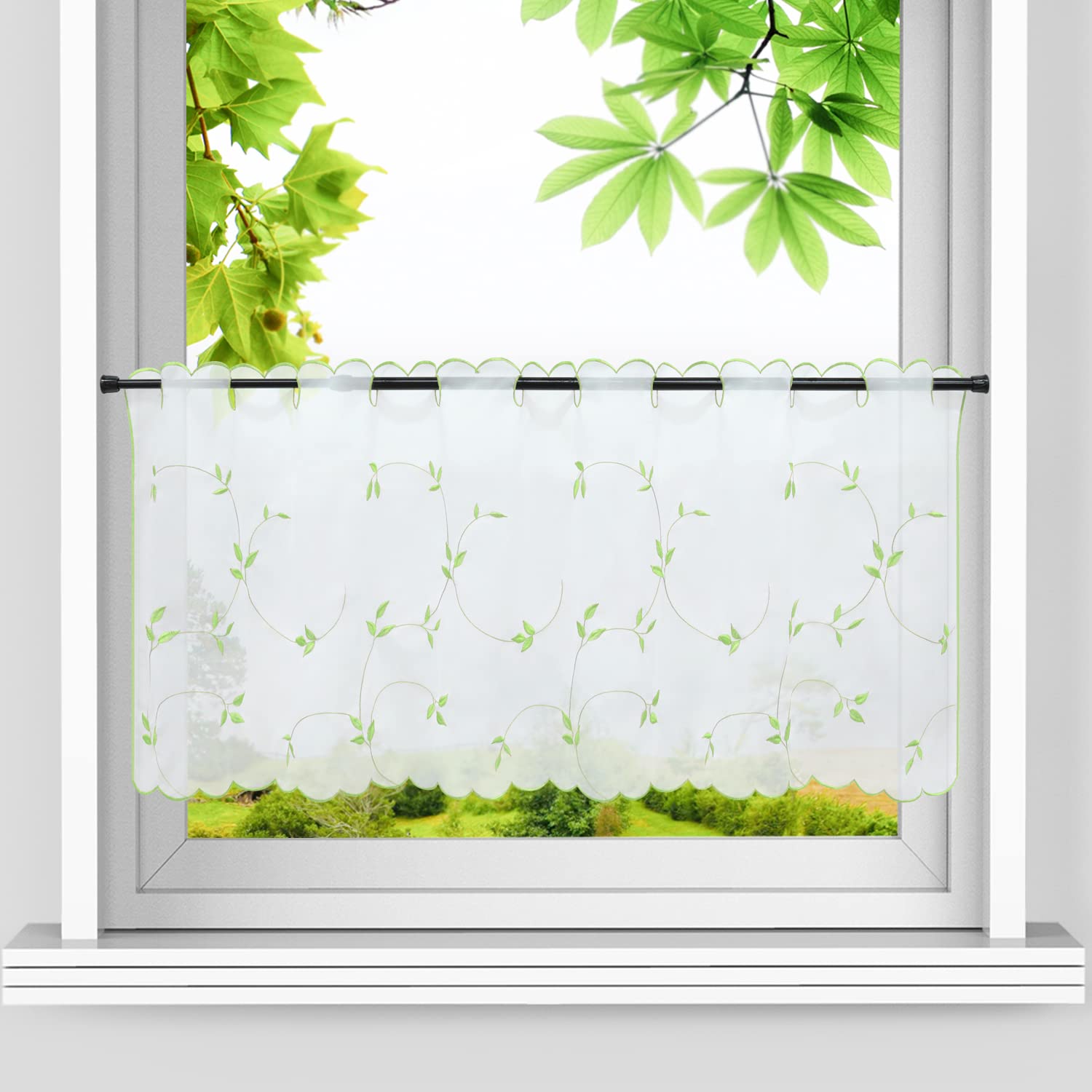 Heichkell Voile Net Curtain Leaves Embroidery Bistro Curtain Country House Style Short Curtains for Kitchen Embroidered Short Curtain Pole Holes Green H x W 45 x 90 cm