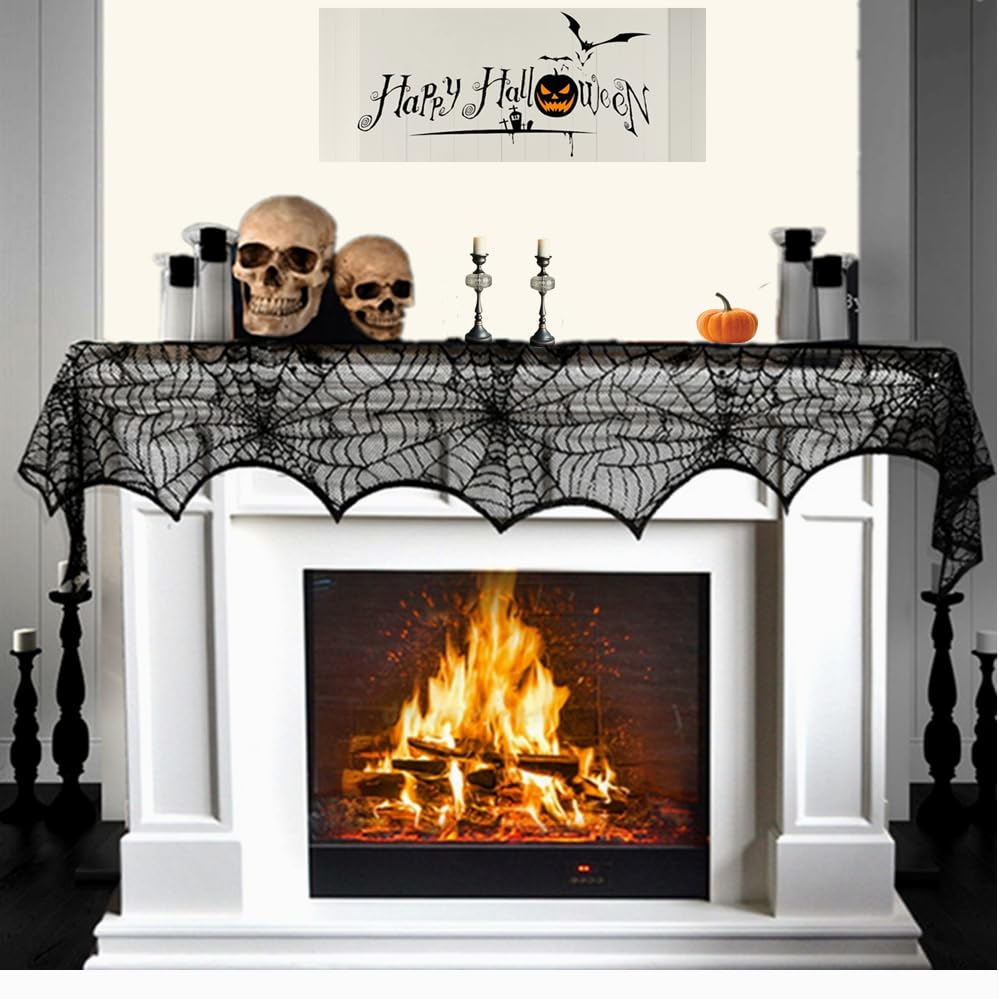 Halloween Cobweb Fireplace Scarf, Black Lace Spiderweb Mantle Scarf for Halloween Home Party Supplies, 18 x 96 inch