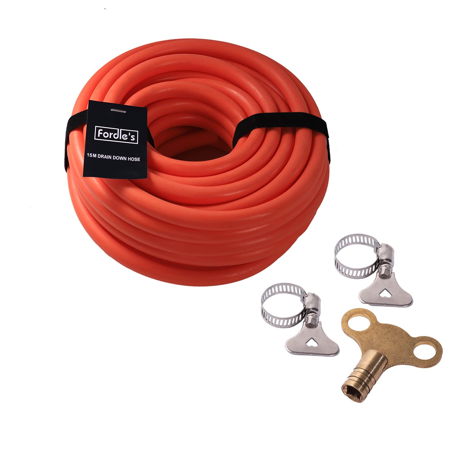 Fordle’s 15m Drain Down Hose Kit for Radiator/Heating System Repair Maintenance Servicing – Flexible TPU Rubber with 12mm Bore – Includes Radiator Bleed Key & 2 Connector Clips & 2 Storage Straps
