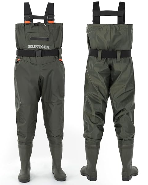 HUNTSEN FISHING WADERS FOR MEN WOMEN – 2-PLY NYLON/PVC WATERPROOF BOOTFOOT CHEST WADERS FOR HUNTING WITH BOOT HANGER & WATERPROOF PHONE CASE & REINFORCED NEOPRENE KNEES GREEN SIZE M10
