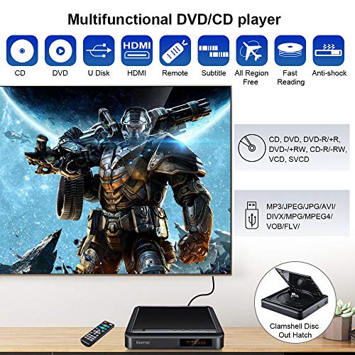 DVD Player for TV CD Player Portable Disc Player with Full HD Gueray Upscaling External HDD Playback DVD-R/RW CD-R/RW USB Port Remote Control DivX AV Audio