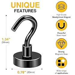 DIYMAG Black Magnetic Hooks, 50 LB Heavy Duty