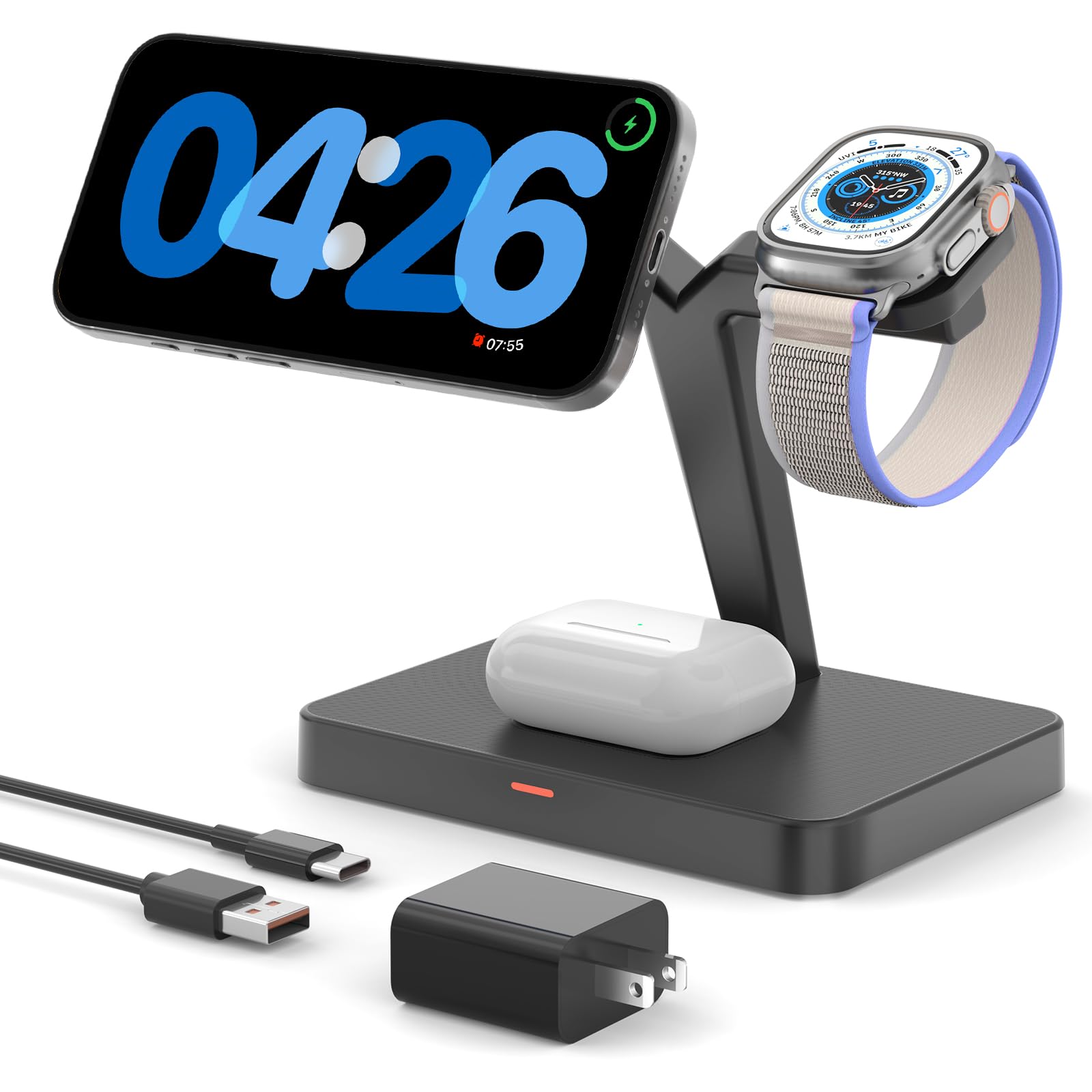 Photo 1 of 3-in-1 Magnetic Charging Station for Apple: CIYOYO Wireless Fast Charger Stand for iPhone 16/15/14/13, Apple Watch/AirPods Portable Charging Pad for Office Bedside Gift