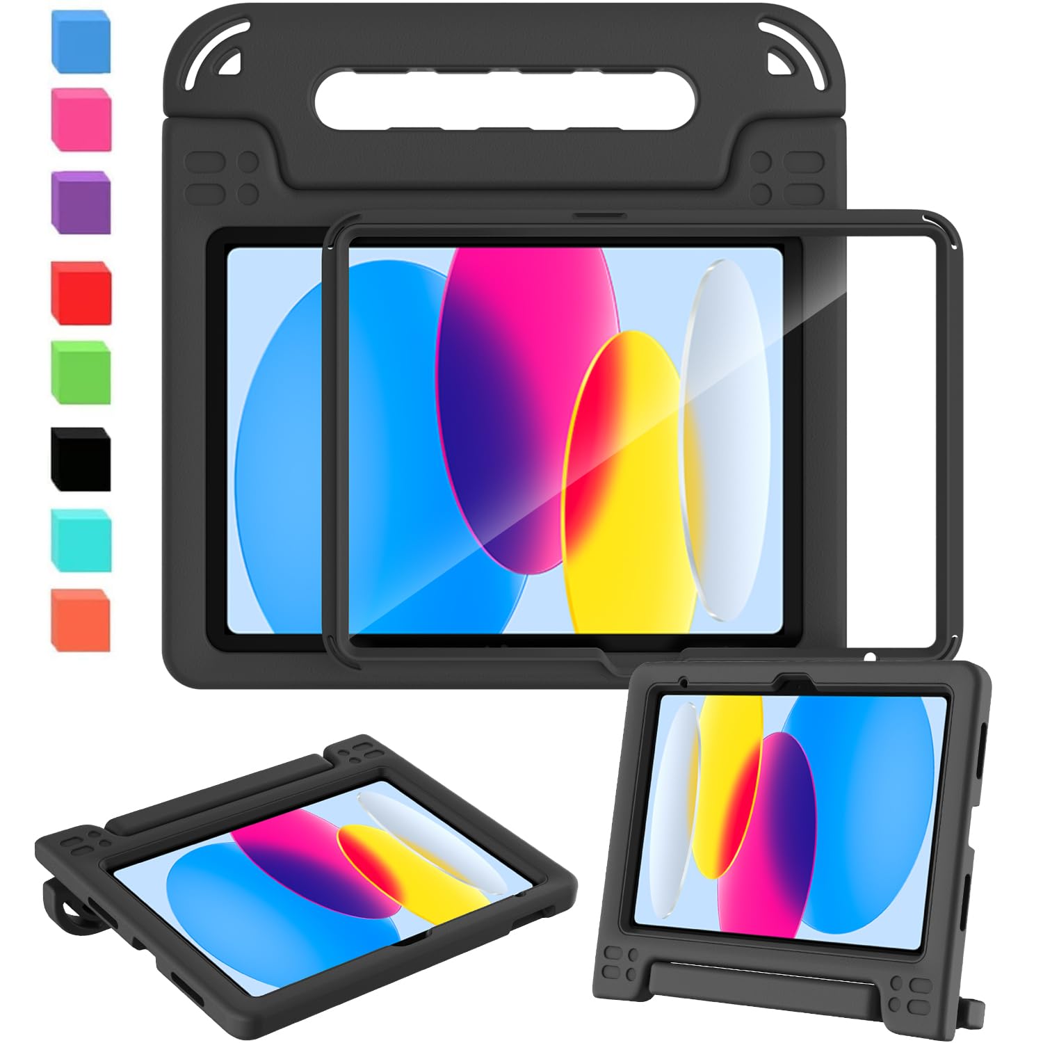 SINSO Case for iPad (A16) 11th Generation 11 Inch 2025/iPad 10th Generation 10.9 Inch 2022, Built-in Screen Protector, Shockproof Light Weight Kids ipad Cover with Handle/Stand, Black