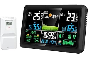 Yosoo 7.5 Inch Wireless Weather Station, Indoor Outdoor Thermometer Hygrometer with Atomic Clock, Color Display for Home Fore