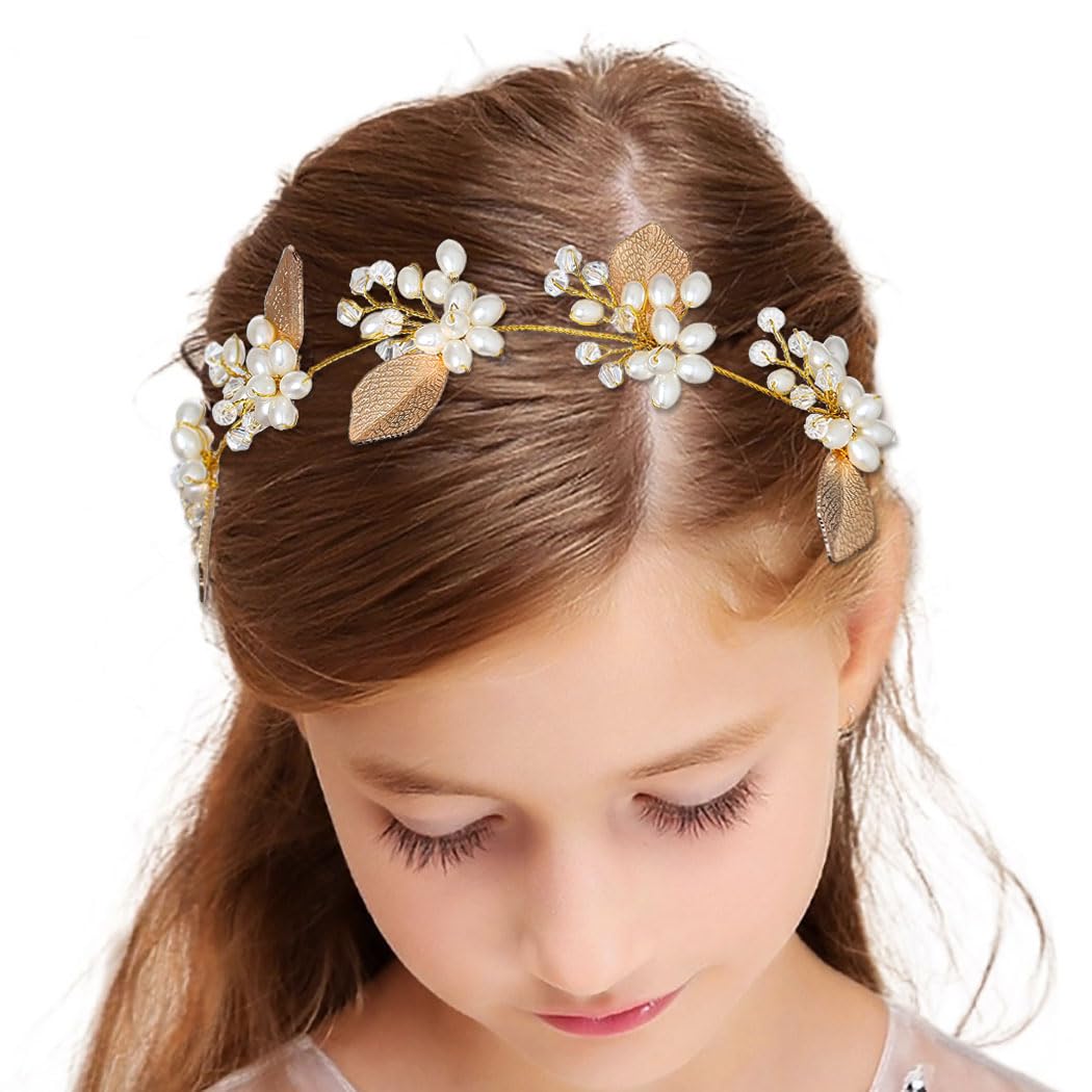 IYOU Wedding Pearl Headpiece Gold Leaves Hair Vine Flower Girls Princess Birthday Headband Hair Accessories for Brides and Bridesmaids