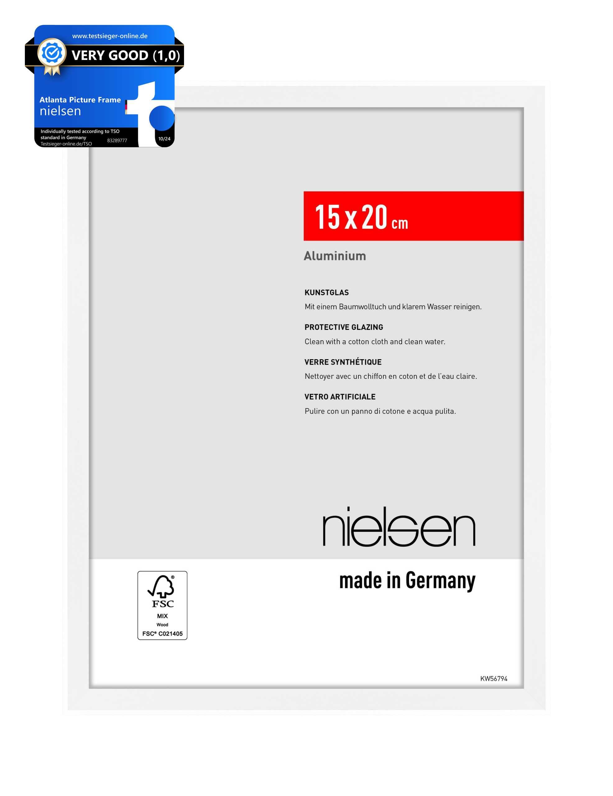 nielsen Atlanta Aluminium Picture Frame - Matt White 15x20cm - with Synthetic Glass and Push-Turn Clips