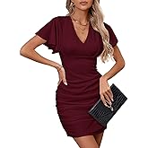 YIQ8 Women's Sexy V Neck Ruffle Sleeve Bodycon Mini Cocktail Party Dress Casual Short Sleeve Work Dress