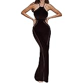 BOLLEY JOSS Women Crochet Knit Bodycon Maxi Dress Sexy Cut Out Waist Halter Backless Coverup Long Dress Open Back Sundresses