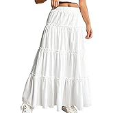 Boho Maxi Skirt Long Skirts for Women Summer Flowy Tiered High Waist Dress Swing A-Line Elastic with Pockets Fashion