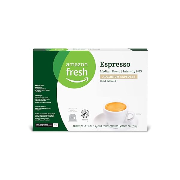 AMAZON FRESH ESPRESSO MEDIUM ROAST ALUMINUM CAPSULES, COMPATIBLE WITH NESPRESSO ORIGINAL BREWERS, INTENSITY 8/13, 50 COUNT (5 PACKS OF 10)