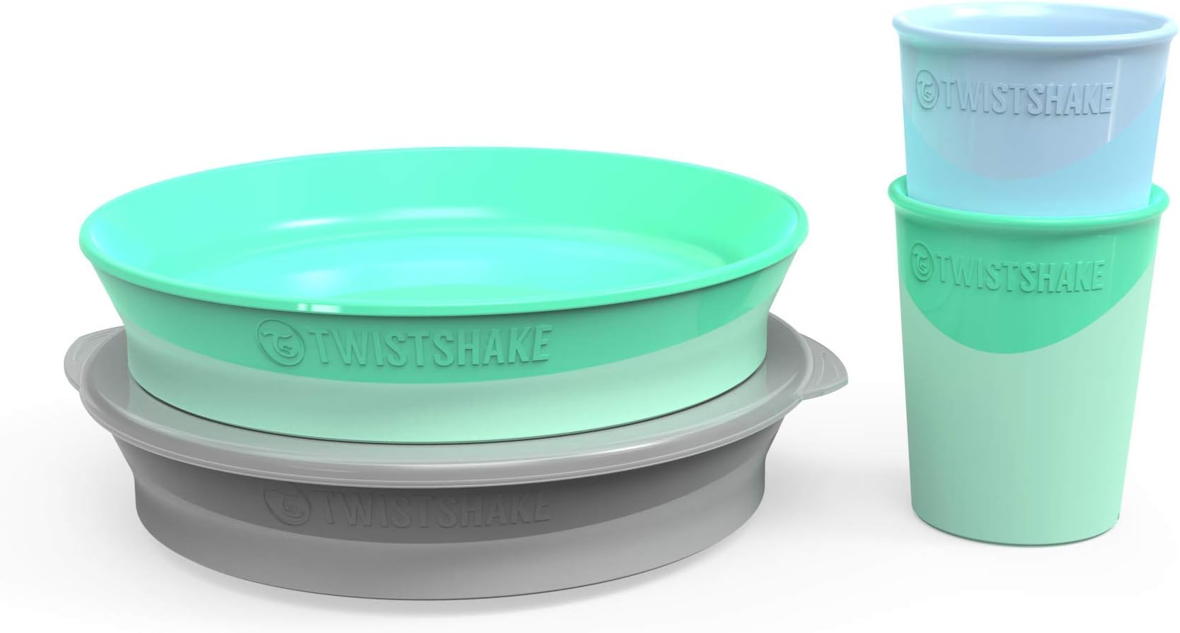 Twistshake Bundle 6+m for Boys with (2) Plates + Cover, 2PK Training Cups Pastel Blue/Grey/Pastel Green
