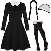 Pextian Women Halloween Costumes Adult, Long Sleeve White Collar Black Gothic Dress for Women, Halloween Costumes for Woman