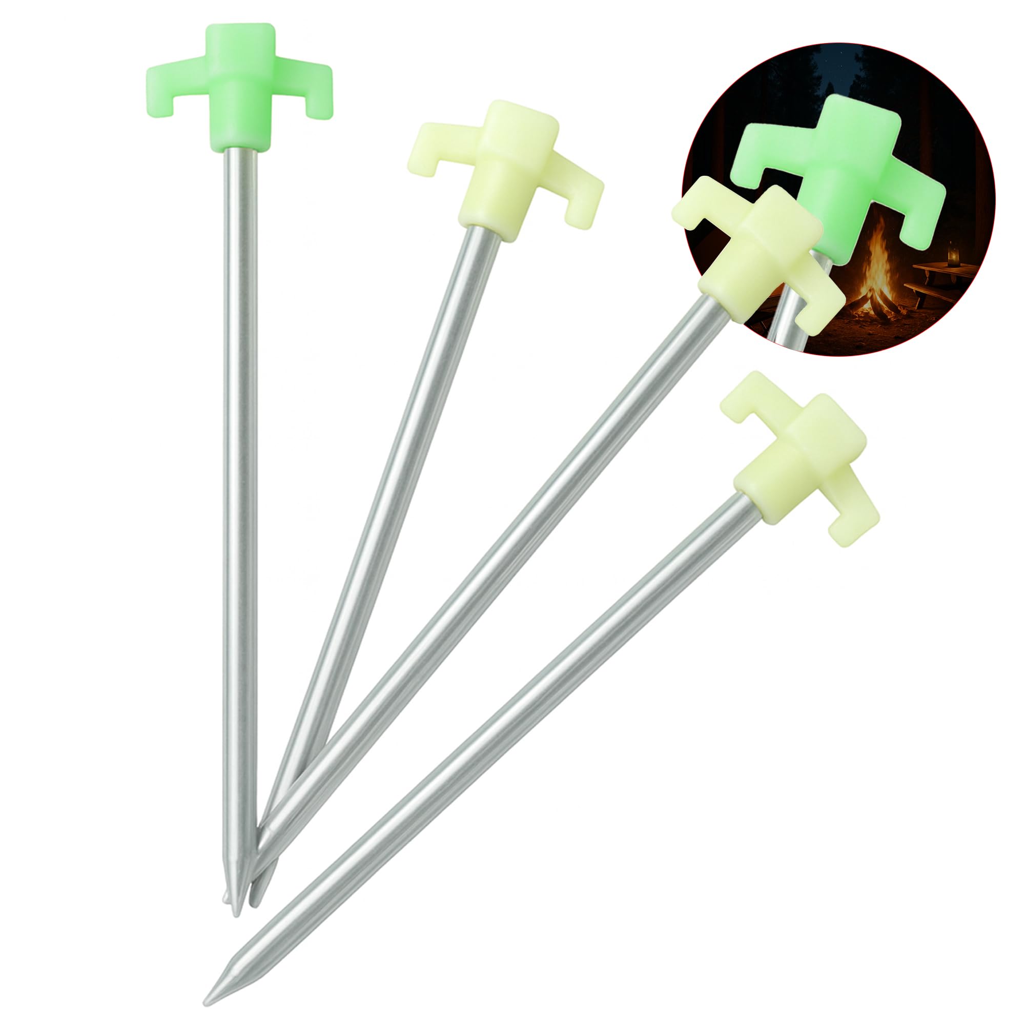 Photo 1 of 10" Glow in The Dark Tent Stakes - Unbreakable Rebar Stakes, Metal Stakes Heavy Duty, Camping Spikes with High Impact, 5/16" Diameter Corrosive Resistant Ground Anchor, Made in USA Metal Tent Anchors