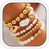 GORTIN Gold Stretch Bracelets for Women Beaded Stackable Bracelet Set Pearl Strand Bracelets Accessories for Women (L-Beaded-5 PCS, Free size)