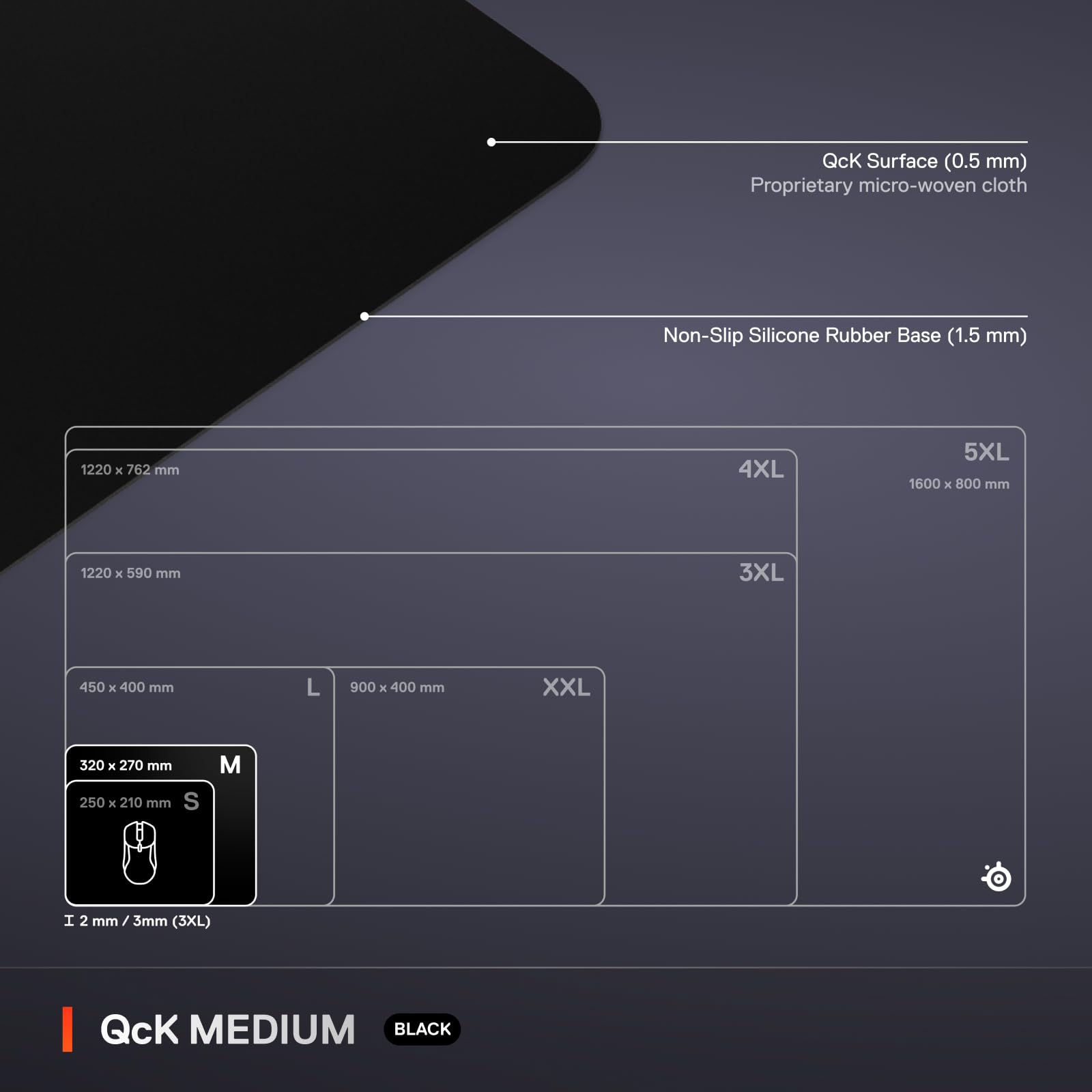 SteelSeries QcK Medium Gaming Mousepad — Black — Non-Slip Silicone Rubber Base — Peak Tracking and Stability — Optimized for Gaming Sensors — 320 mm x 270 mm — FPS, MOBAs, RTS, MMO