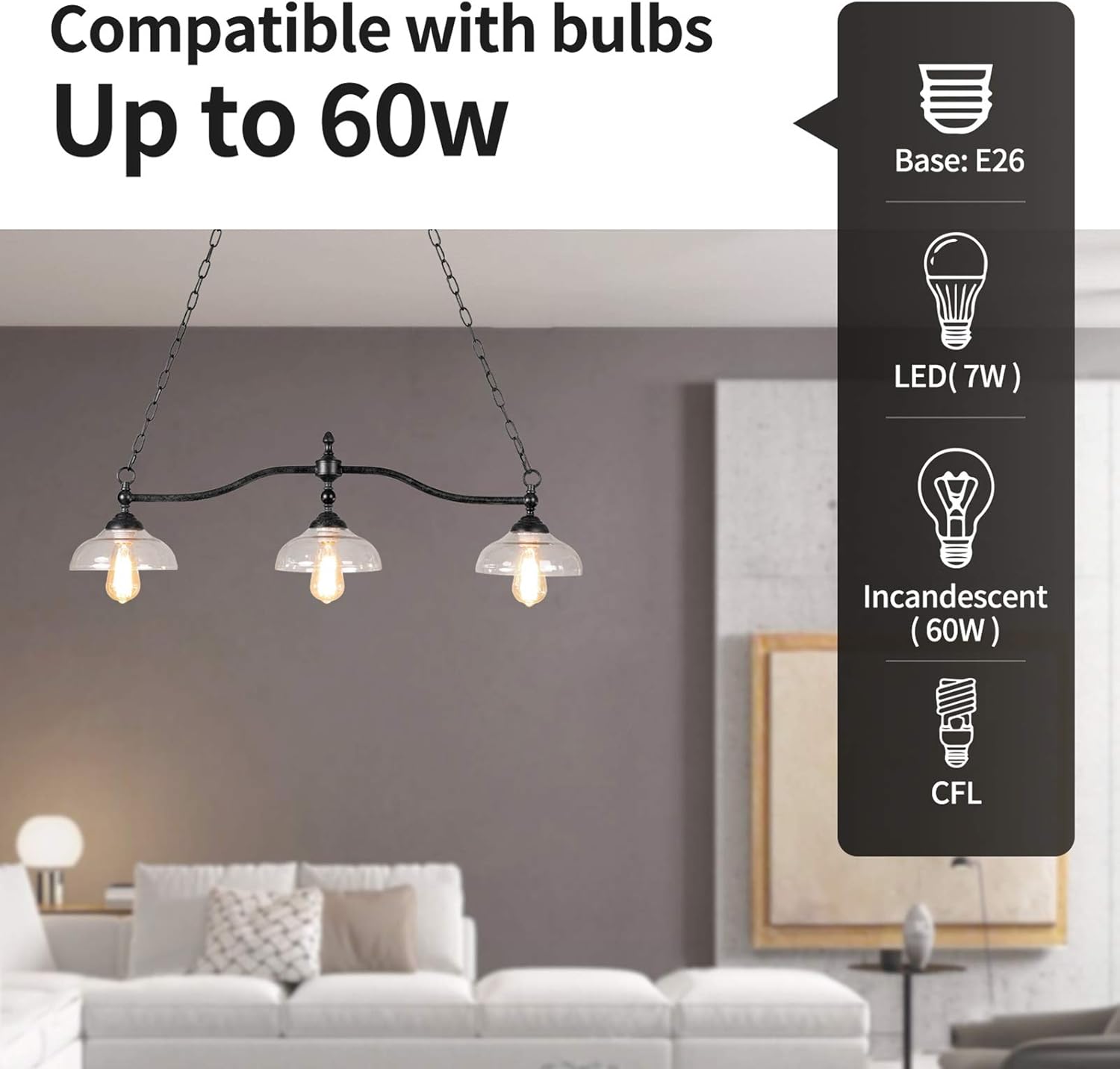 Dining Room Kitchen Island Light Fixture Hanging, Farmhouse Chandelier in Rustic Black Metal with Clear Glass Shades, Adjustable Chains Pendant Light - - 