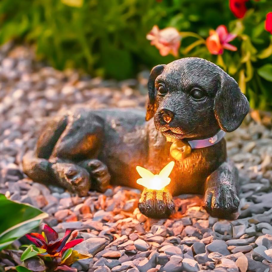 Garden Mile Solar Dog with Butterfly Ornament Outdoor Waterproof Resin Dog Statue Figurine Solar Powered Garden Decoration Animal Sculpture for Patio