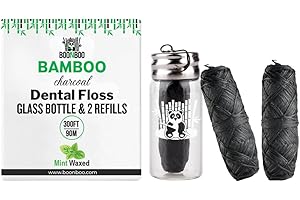 BOONBOO Dental Floss, Bamboo Charcoal Woven Threads, Refillable Glass Bottle, 3 Pieces, Mint