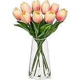 Fake Tulips Artificial Tulip Flowers in Glass Vase with Faux Water, 14.2" Real Touch Peach Tulip Flowers Spring Décor for Table Centerpiece Home Farmhouse Resto Wedding Decoration
