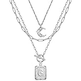 MJartoria Layered Initial Necklaces for Women Trendy, 14K Gold Plated Brass Simple Moon Choker Square Letter Pendant Necklace, Paperclip Chain Necklaces Jewelry Gifts