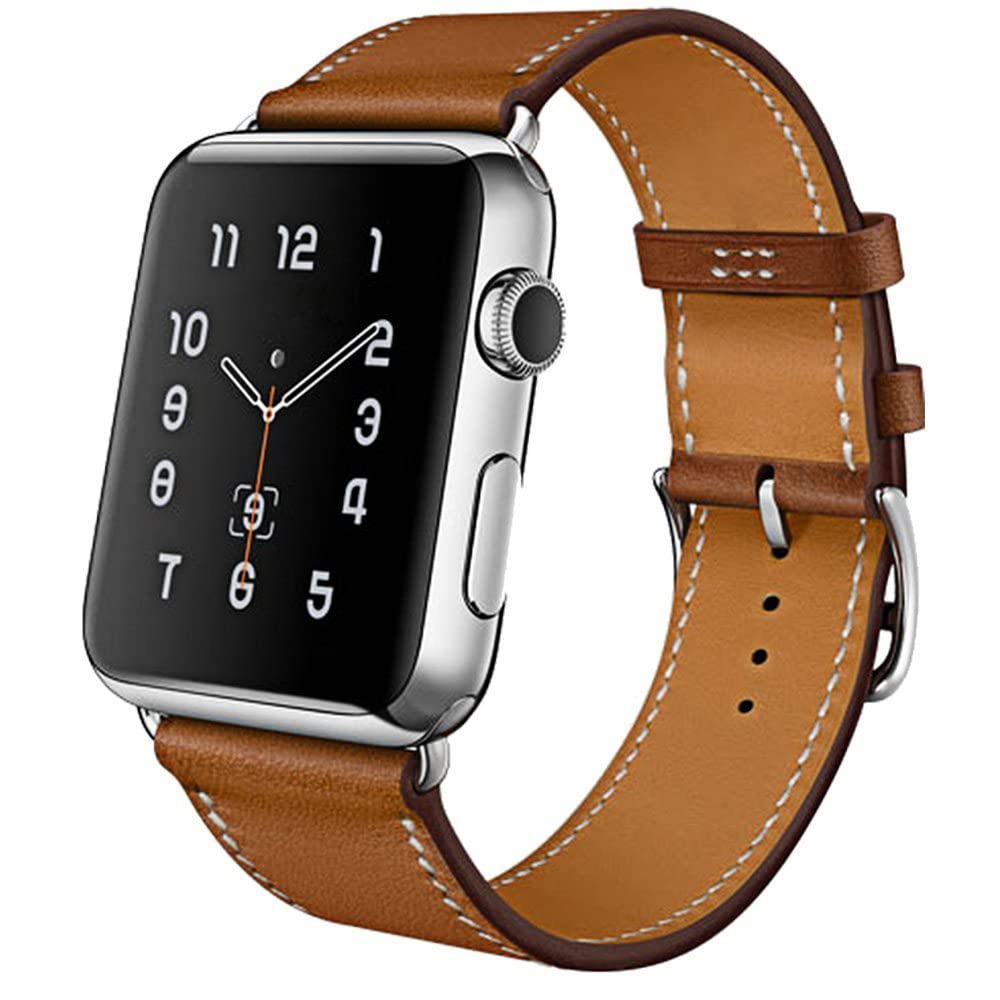 iBazal Watch Bands Compatible with iWatch Ultra 49mm SE Series 8 7 6 5 4 3 2 1 Leather 42mm Wristbands Mens Replacement Bracelets with Silver Buckle - Classic Brown 42/44/45/49