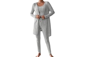 3 Piece Lounge Set for Women Ribbed Knit Pajama Sets Crop Tank Top with Long Pants and Cardigan Comfy Loungwear
