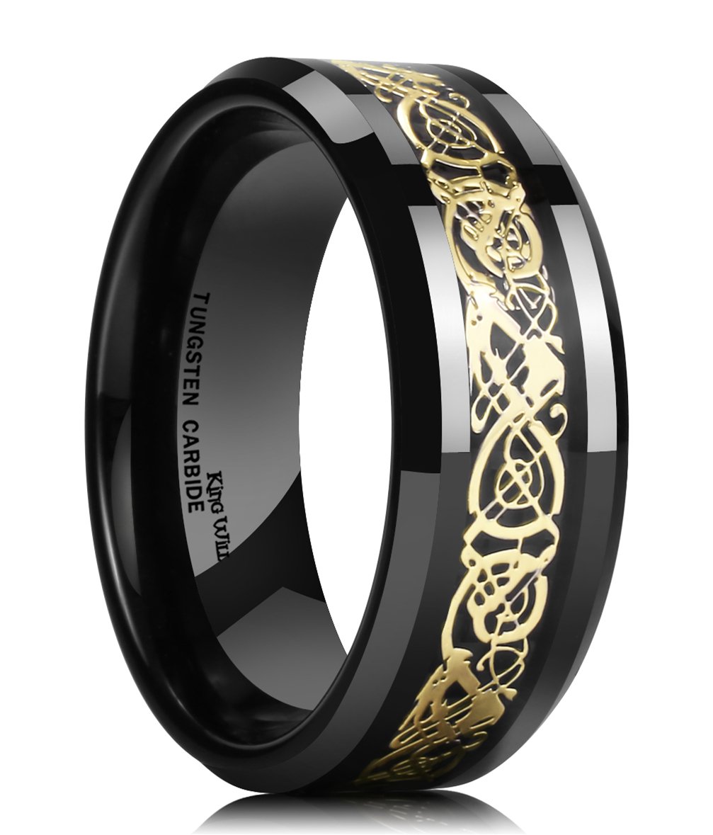 King Will Dragon 8mm Mens Black Tungsten Ring Glod Celtic Dragon Comfort Fit Wedding Band Engagement Ring 14 — image 1