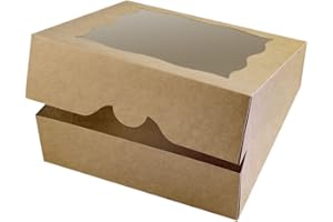 CHERRY 15-Pack 10"x10"x3"Brown Bakery Boxes with PVC Window for Pie and Cookies Boxes Large Natural Kraft Paper Box 10x10x3inch (Brown, 15)