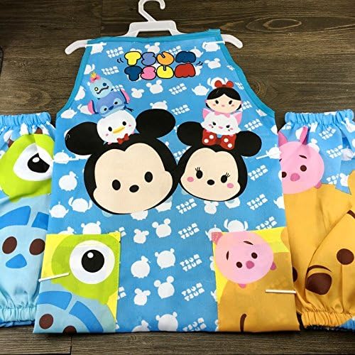 CJB Lovely Tsum Tsum Mickey Minnie Kids Waterproof Apron Sleeves Set Light Blue 5-14T (US Seller)