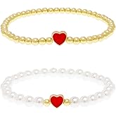 Tyebiva White Ball Beaded Heart Stack Bracelets Set for Women, 2Pcs Boho Handmade Gold Beads Pearl Stackable Stretch Fashion Jewelry Gift.