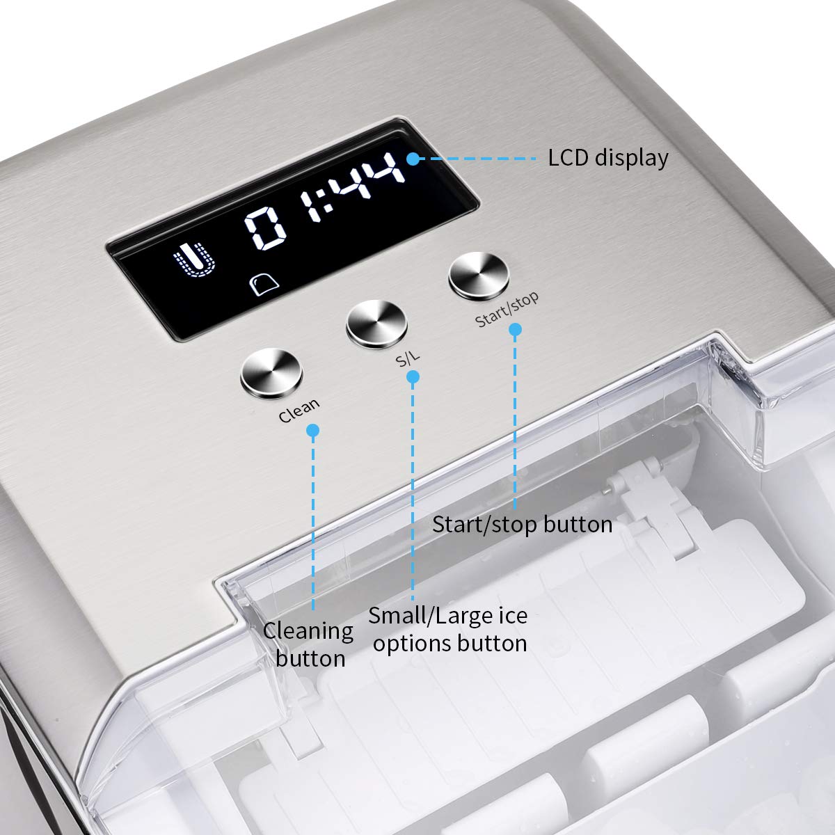 morpilot Machine à Glaçons Automatique/Machine a Glace avec 2.1L Réservoir, Affichage-LCD, Fonction D\'auto-nettoyage, 120W/Acier Inoxydable Matériel.