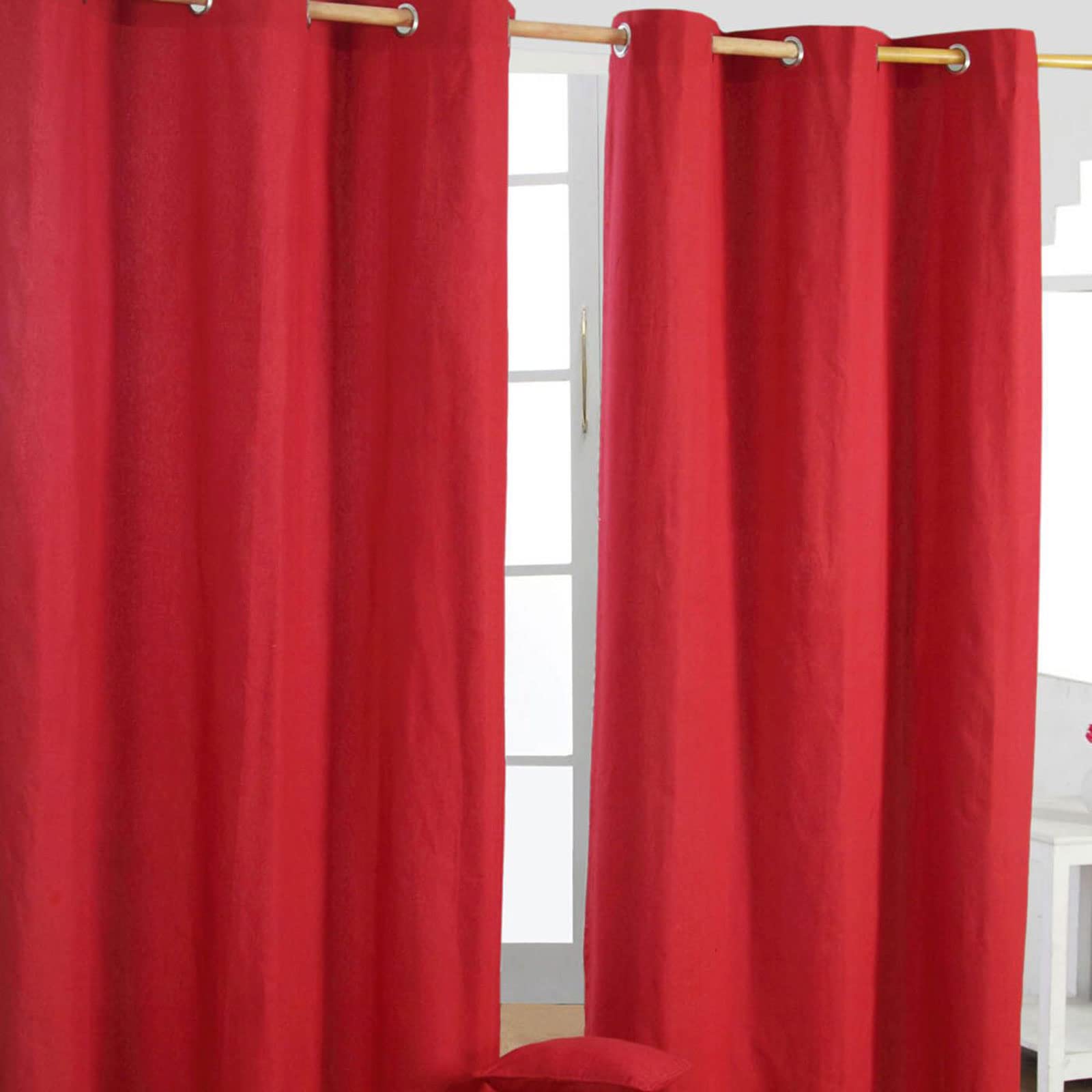 HOMESCAPES Red Eyelet Curtain Pair 117cm (46") Wide x 137cm (54") Drop Plain Heavy Unlined Curtains — image 1