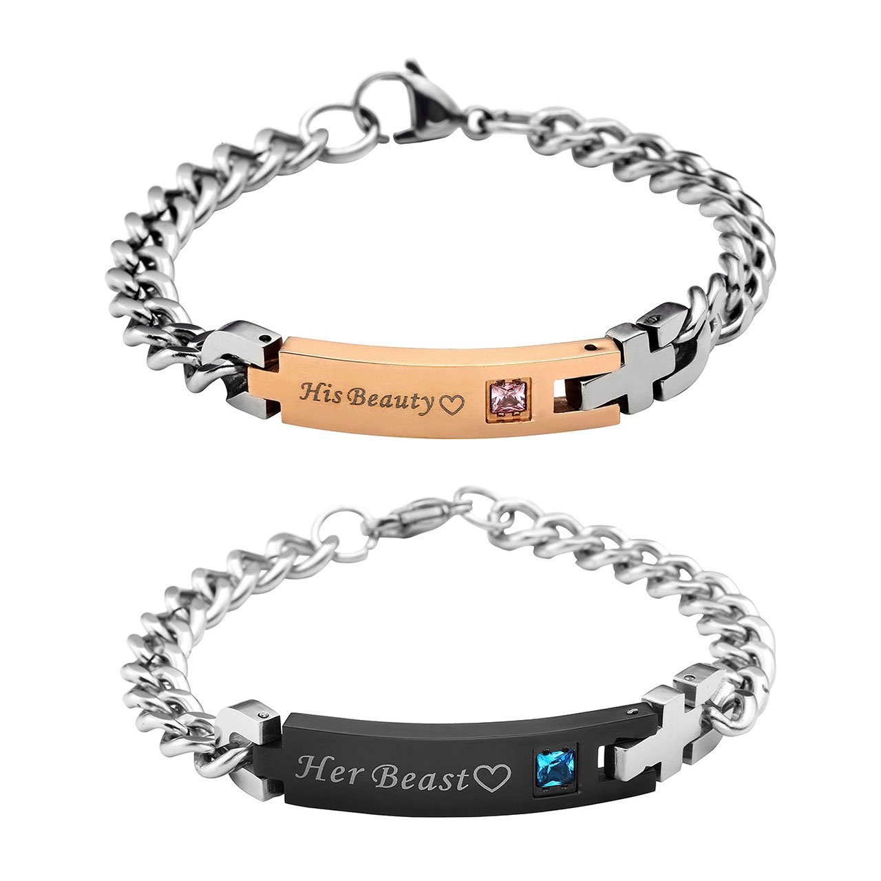 PiercingJ His Beauty und Her Beast Schrift ein Paar Partner Armbänder Curb Kette Armband aus Edelstahl für Herren Damen 7.3\