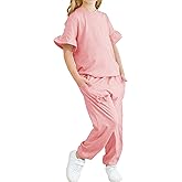 Jimonda Kids Girls Outfits Ruffle Sleeve T-Shirt and Pants Set with Side Pockets Clothing Set 2 Piece 4-13 Years Old